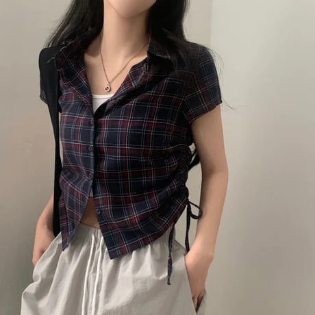 チェック柄シャツ サイドシャーリング トップス ショート丈 ドローストリング ドロスト チェックシャツ 半袖 レトロ 大人可愛い ガーリー カジュアル トレンド DTCA-925867914003