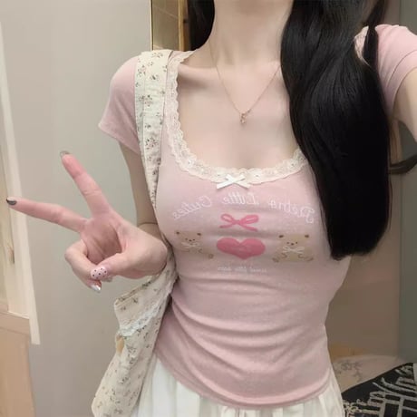 tシャツ ドット柄 クマちゃん リボン レース トップス Uネック スリムフィット スリムtシャツ 半袖 レトロ 大人可愛い ガーリー カジュアル DTCA-811944873611