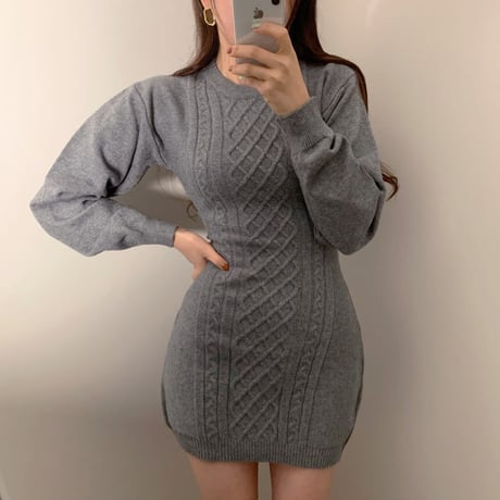 ニットワンピース 背中開き 背中見せ ツイスト編み ハイウエスト 韓国ファッション レディース ニット ワンピース 無地 大人可愛い ガーリー DTC-629490442432