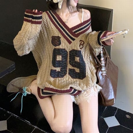 ニット ナンバーロゴ ケーブル編み 配色 Vネック オーバーサイズ トップス ヴィンテージ風 ルーズ 秋冬 レトロ 韓国ファッション レディース 大人可愛い ガーリー DTC-837535497664