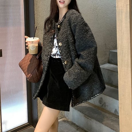 ノーカラー ウールジャケット ショートコート フェイクラムウール ウールコート アウター 長袖 レトロ 韓国ファッション レディース 大人可愛い ガーリー DTC-751959541236
