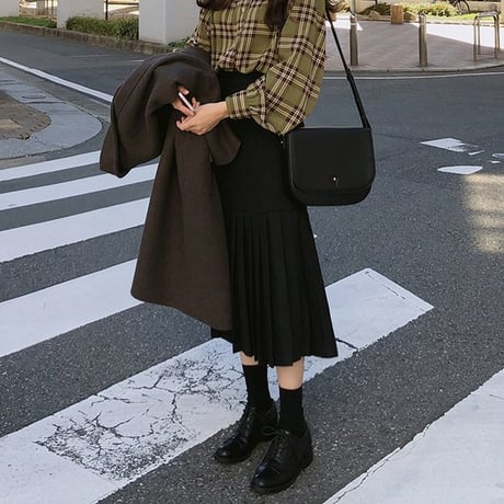 レディース 裾プリーツ ロングスカート ブラック プリーツスカート 無地 ミモレ丈 韓国ファッション オルチャン (DCT-582318938939)