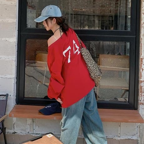 2WAY 前後着用 トップス ロンT ワンショルダー オフショルダー tシャツ スウェット アシンメトリー オーバーサイズ ゆったり レトロ 長袖 カジュアル DTCA-837273595763