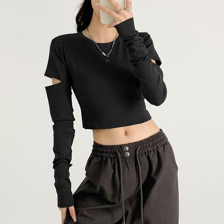 カットアウト Tシャツ クロップド丈 クルーネック ロンT トップス ショート丈 スリムフィット シンプル 長袖 ルーズ レトロ 大人可愛い ガーリー カジュアル DTCA-740310634830