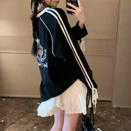 ユニフォーム風 トップス サイドライン リボン プルオーバー ロンT tシャツ Vネック オーバーサイズ ルーズ 長袖 レトロ 大人可愛い ガーリー カジュアル DTCA-839618355803