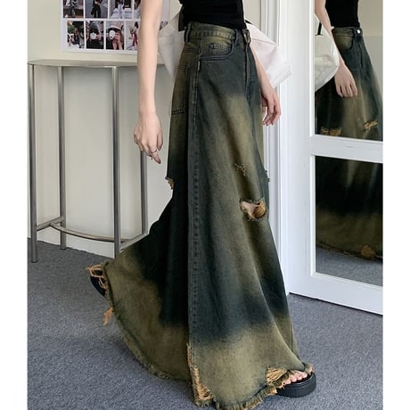 デニムスカート ヴィンテージ風 ダメージ加工 フリンジ 切りっぱな裾 Aライン ハイウエスト デニム ロングスカート レトロ 大人可愛い ガーリー カジュアル DTCA-738580370386