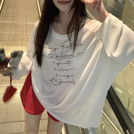 シアートップス ロンT ロゴプリント オーバーサイズ  ゆったり トップス tシャツ 冷房対策 紫外線対策 長袖 レトロ 大人可愛い ガーリー カジュアル DTCA-870596164404