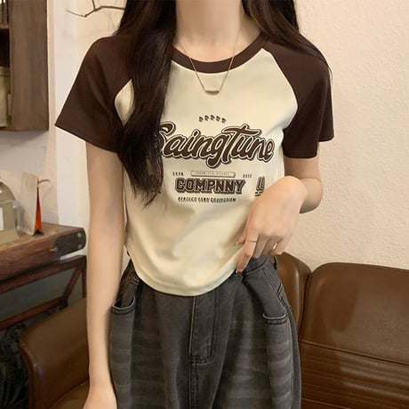 Tシャツ ラグランスリーブ ショート丈 スリムフィット 半袖 レトロ 韓国ファッション レディース カジュアル 大人可愛い ガーリー DTC-707882141171