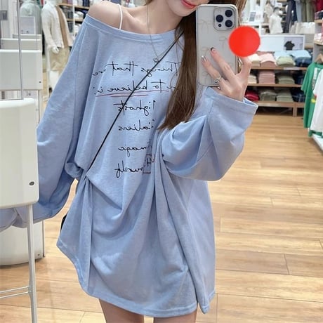 シアートップス ロンT ロゴプリント オーバーサイズ  ゆったり トップス tシャツ 冷房対策 紫外線対策 長袖 レトロ 大人可愛い ガーリー カジュアル DTCA-870596164404