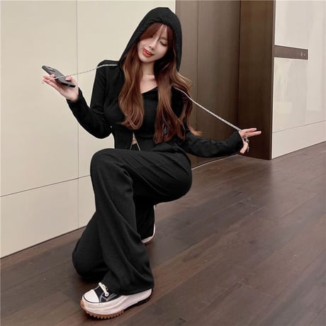 セットアップ 2点セット スウェット ダブルジップ パーカー ショート丈 パンツ スリムフィット 不規則デザイン トップス ボトムス 長袖 レトロ カジュアル DTCA-764266076419