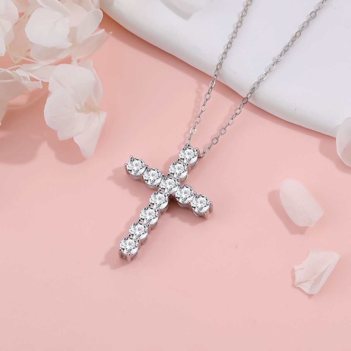 スターリングシルバー クロス ネックレス チェーン付き CZ