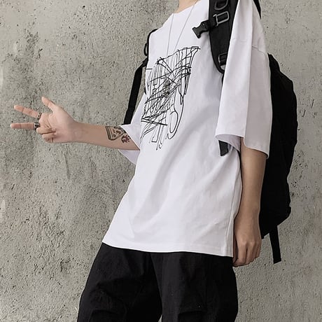 ユニセックス Tシャツ 半袖 メンズ レディース ラウンドネック 英字 グラフィティプリント オーバーサイズ 大きいサイズ ルーズ ストリート TBN-613494810897