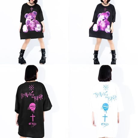 【2カラー】 ユニセックス Tシャツ 半袖 クマちゃん ベアー バックプリント オーバーサイズ 韓国ファッション メンズ レディース ストリート系ファッション DTC-623336890404