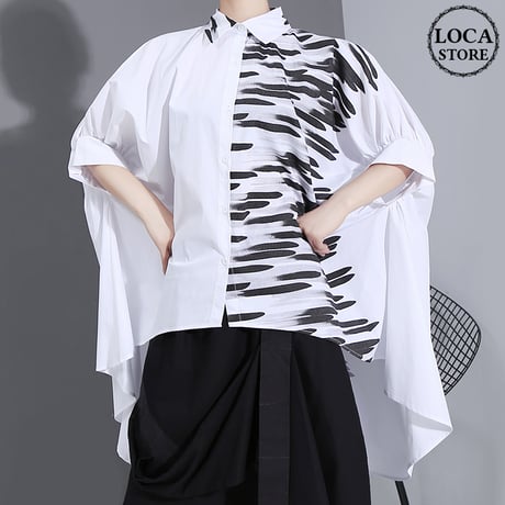 裾変形デザイン アシンメトリー シャツ 韓国ファッション レディース ロングシャツ ブラウス モード 半袖 ルーズ 大人カジュアル 大人可愛い ガーリー 620283788824