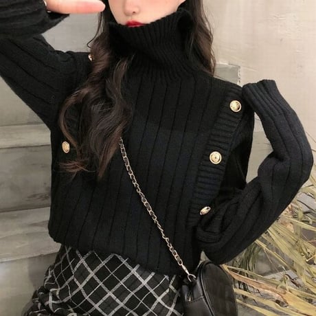 タートルネック リブニット プルオーバー 長袖 ニット レトロ 韓国ファッション レディース 大人可愛い ガーリー カジュアル DTC-656658948625