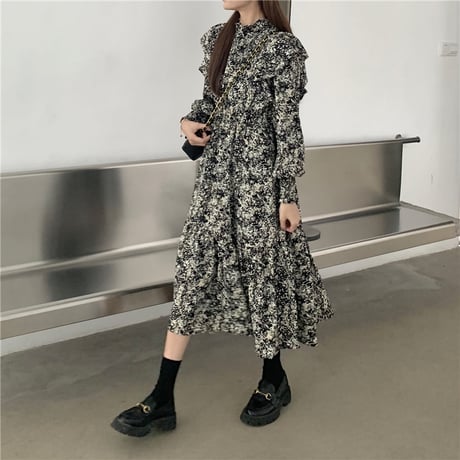 ワンピース クルーネック 長袖 Aライン ロング丈 ハイウエスト レトロ 韓国ファッション レディース 大人可愛い ガーリー フェミニン DTC-654404231190