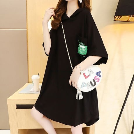 Tシャツ ワンピース パーカー ロングTシャツ フードTシャツ フード付き ゆったり 半袖 レトロ 韓国ファッション レディース 大人可愛い ガーリー カジュアル DTC-669585218614