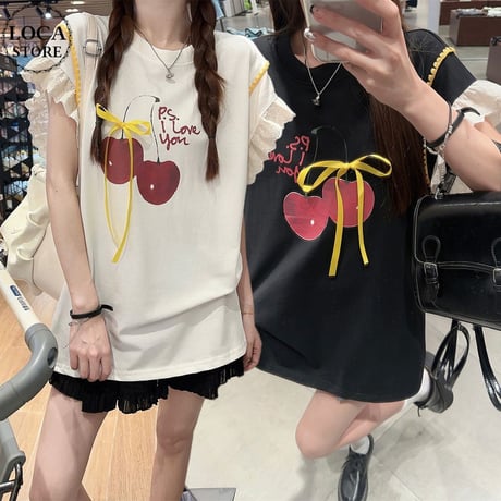 Tシャツ リボン さくらんぼプリント フライングスリーブ レース トップス 半袖 オーバーサイズ レトロ 韓国ファッション レディース 大人可愛い ガーリー DTC-809879124637