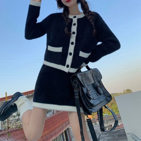 セットアップ カーディガン スカート 起毛 長袖 2点セット レトロ 韓国ファッション レディース 大人可愛い ガーリー DTC-665949673533