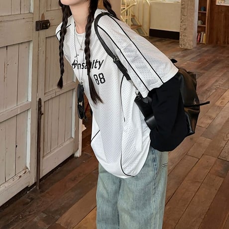 フェイクレイヤード Tシャツ 重ね着 ナンバー ロンT オーバーサイズ トップス 長袖 レトロ 韓国ファッション レディース 大人可愛い ガーリー スポーツミックス DTC-818770841972
