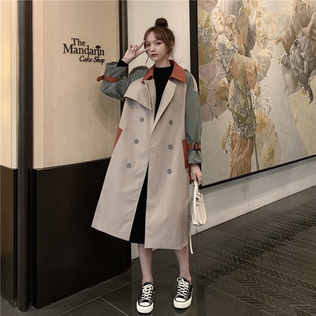 ロングコート バイカラー ベルト付き 袖ベルト 韓国ファッション レディース トレンチコート ダブルブレスト カジュアル 長袖 ゆったり 大人可愛い ガーリー DTC-627252394911