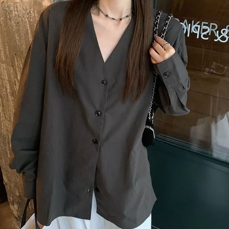 ノーカラー シャツ Vネック ルーズ ブラウス 長袖 レトロ 韓国ファッション レディース 大人可愛い ガーリー DTC-733875125653