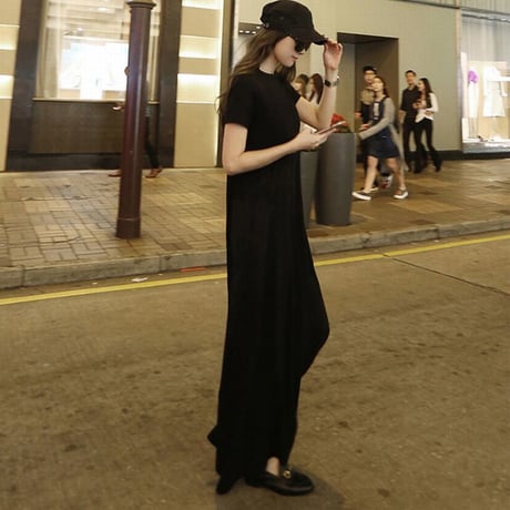 Tシャツワンピース マキシ丈 ワンピース 半袖 大きいポケット ゆったりウエスト ロング丈 半袖 ルーズ レトロ 韓国ファッション レディース 大人可愛い ガーリー DCT-705893648998