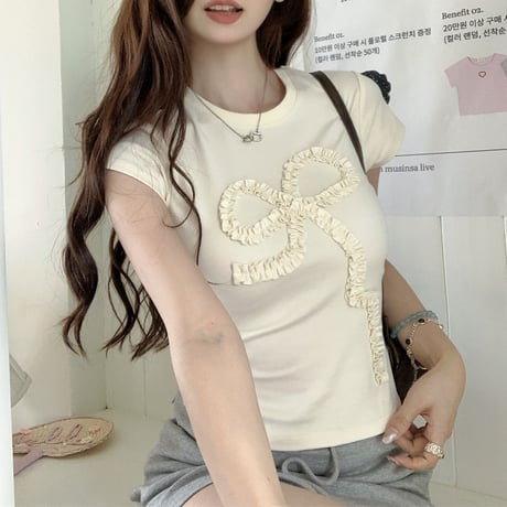 立体リボン Tシャツ リボンコード フリル タイト スリムフィット ショート丈 クルーネック 半袖 レトロ 大人可愛い ガーリー カジュアル DTCA-802763810438