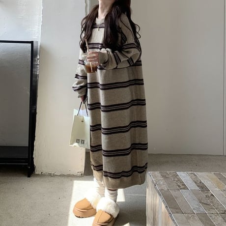ボーダー柄 ニットワンピース ゆったりウエスト ロング丈 ニット ゆったり ルーズ 長袖 レトロ 韓国ファッション レディース 大人可愛い ガーリー DTC-743606336928