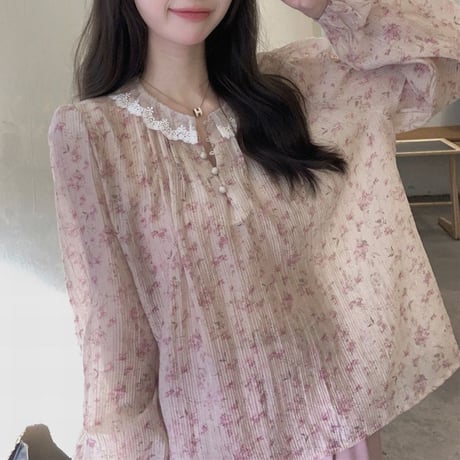小花柄 ブラウス レースカラー ランタンスリーブ シフォン シャツ ルーズ 透け感 長袖 レトロ 韓国ファッション レディース 大人可愛い ガーリー フェミニン DTC-711356605310
