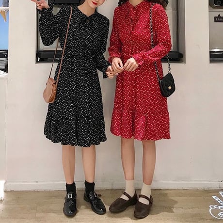 レディース 長袖ワンピース ミモレ丈 ドット柄 ワンピース フレア リボン 韓国ファッション オルチャン (DCT-587243195150)