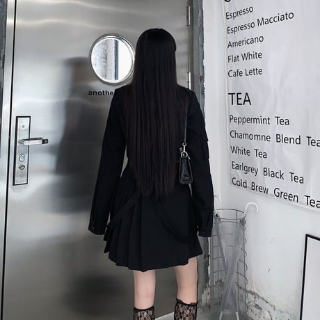 セットアップ ミリタリー風 ショートシャツ プリーツ ミニスカート ネクタイ ベルト 長袖 ハイウエスト レトロ 韓国ファッション レディース ゴシック モード系 DTC-651778269970