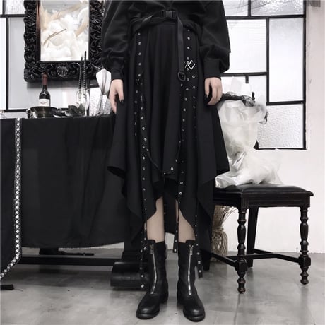 セットアップ ベルト付き ロングシャツ 長袖 アシンメトリー スカート ウエストゴム アシメ ロング丈 暗黒系 DTC-601163570113