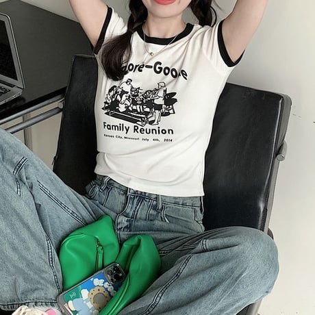 レトロプリント Tシャツ ショート丈 半袖 クルーネック スリムフィット レトロ カジュアル ストリートファッション ストリート系女子 DTCA-702505709620