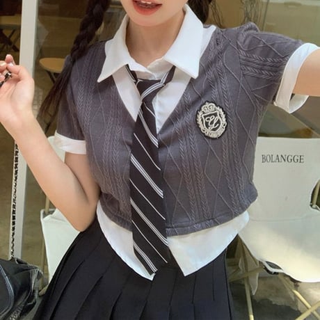 フェイクレイヤード トップス ネクタイ付き tシャツ ブラウス スリムフィット ショート丈 半袖 ドッキングトップス レトロ 大人可愛い ガーリー DTCA-701203919736