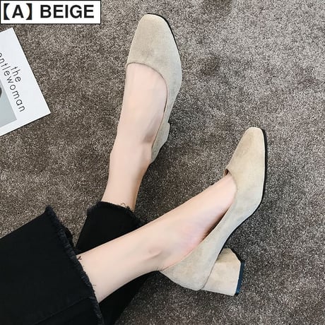 スエードタイプとPUタイプの2種類！ パンプス チャンキーヒール 4.5cm 韓国ファッション レディース スクエアトゥ シューズ キュート 痛くない かわいい 歩きやすい 598354617919