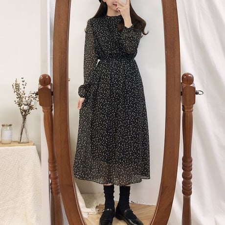 レディース Vネック 花柄 シフォン ロングワンピース レトロ 長袖 花柄 フェミニン 韓国ファッション オルチャン (DCT-585296164758)