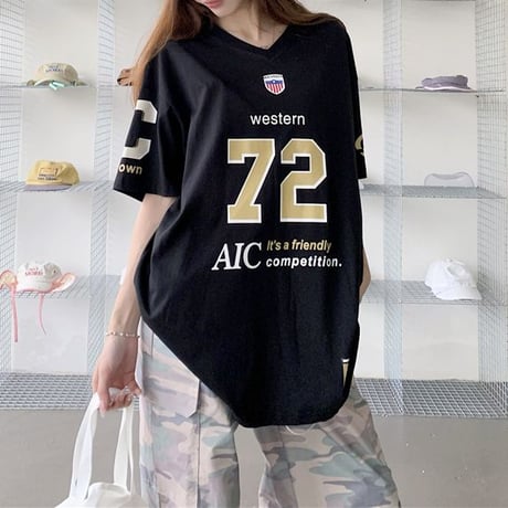 Tシャツ ユニフォーム風 Vネック オーバーサイズ トップス ビッグシルエット 半袖 レトロ 韓国ファッション レディース 大人可愛い ガーリー スポーツミックス DTC-802799667904