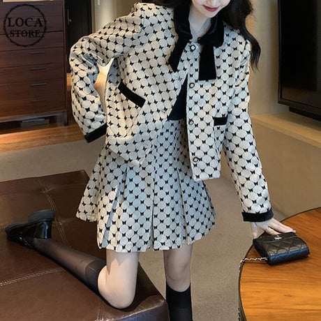 セットアップ チェック柄 ショートジャケット プリーツスカート シングルブレスト 長袖 韓国ファッション レディース 2点セット 大人可愛い ガーリー フェミニン DTC-656353247473