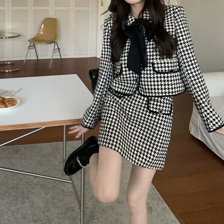 セットアップ 千鳥柄 ショートジャケット スカート リボンタイ 長袖 ルーズ 韓国ファッション レディース 2点セット チェック柄 大人可愛い ガーリー DTC-657329728331