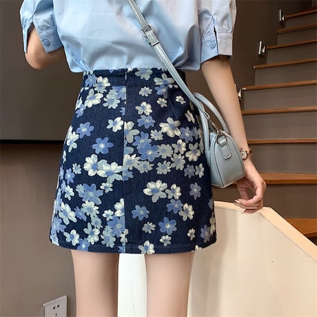 花柄 デニムスカート ミニスカート デニム 総柄 ハイウエスト レトロ 韓国ファッション レディース 大人可愛い ガーリー フェミニン カジュアル DTC-643028662409