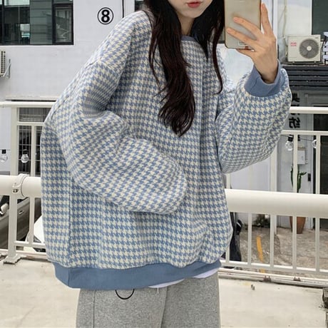 千鳥格子 トレーナー チェック柄 クルーネック ルーズ ゆったり 長袖 レトロ 韓国ファッション 大人可愛い レディース ガーリー カジュアル DTC-660216579948