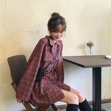 シャツ ワンピース ベルト付き チェック柄 韓国ファッション レディース ミニ丈 シャツ チェックシャツ 長袖 レトロ 秋 冬 (DTC-604367238751)