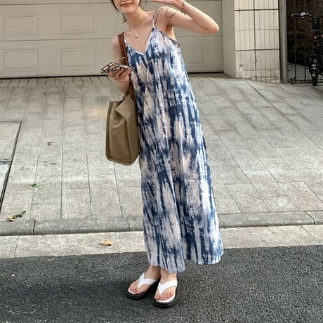 タイダイ染め スリングワンピース キャミワンピース ロング丈 ルーズウエスト 韓国ファッション レディース Vネック 大人可愛い ガーリー DTC-643617204222