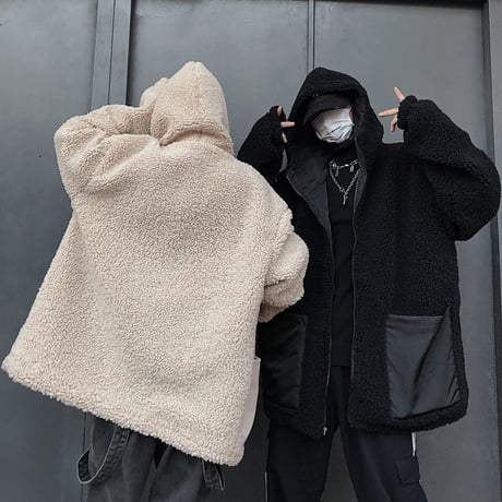 リバーシブル フード付き ボアブルゾン ユニセックス ラムウール 厚手 韓国ファッション ボアジャケット パーカー 2way もこもこ 防寒 カジュアル ストリート DTC-628591128418