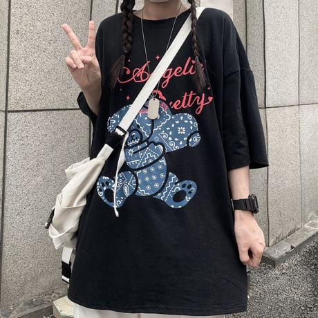ユニセックス tシャツ ハート クマちゃん ベアー ルーズ 韓国ファッション メンズ レディース オーバーサイズ 大きめ カジュアル ストリート系 DTC-641736753814