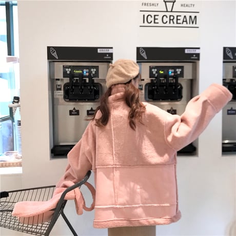 ボアブルゾン ジップアップ 韓国 ファッション レディース ボアジャケット もこもこ ボア ベルト ドロップショルダー オーバーサイズ (DTC-606104703290)