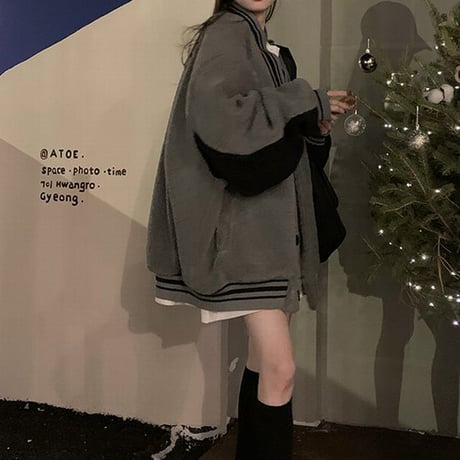 ボアスタジャン バイカラー フリース アウター フェイクラムウール オーバーサイズ 長袖 ルーズ レトロ 韓国ファッション レディース 大人可愛い ガーリー DTC-689307846858