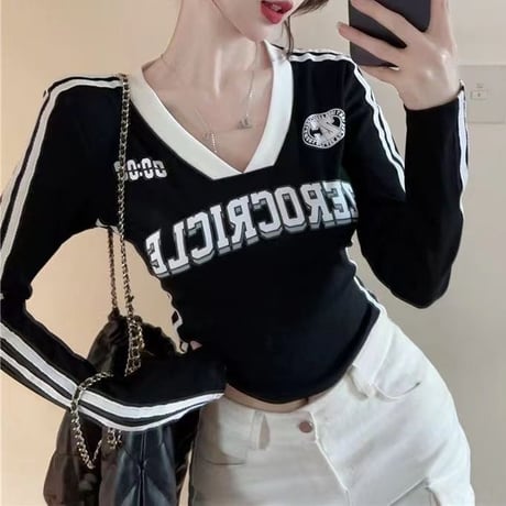 ユニフォーム風 tシャツ クロップド丈 ゲームtシャツ ロンT 袖ライン スリムフィット トップス Vネック 長袖 レトロ カジュアル スポーツミックス DTCA-817363745673