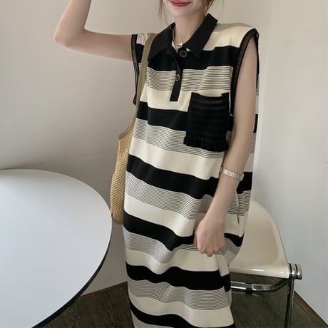 ボーダー柄 ポロワンピース ノースリーブ レース スリット POLO襟 オープンバッグ ハイウエスト レトロ 韓国ファッション レディース 大人可愛い ガーリー DTC-677378751090